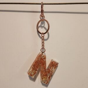 5 1/4” Handmade Letter “N” Resin Rose Gold Leaf Keychain